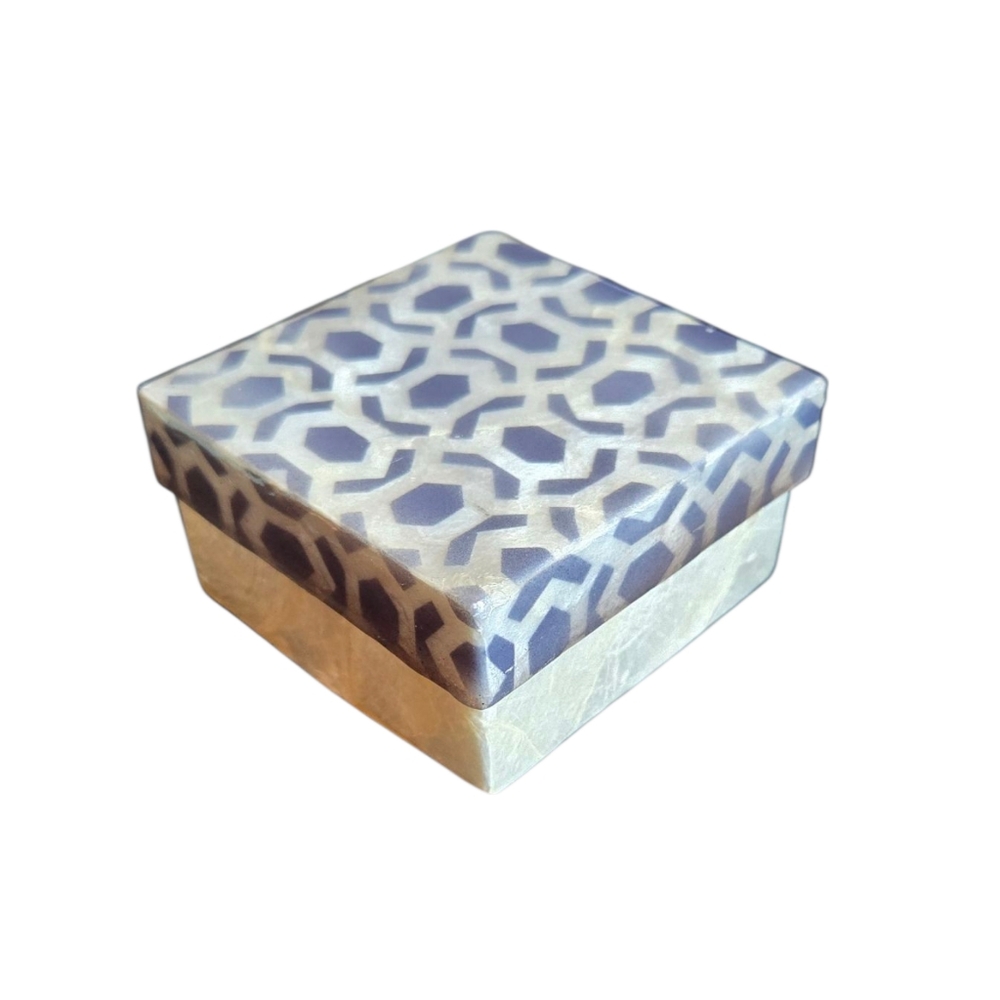 Dekorasyon Black Geometric Pattern Top Molded Capiz Shell Trinket Box 3"X3"X1.5"